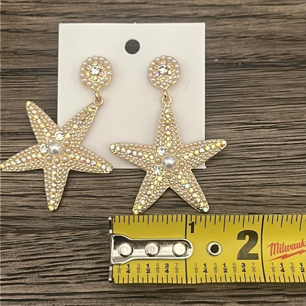 Starfish Summer Vacation Tropical Beach Gold Rhinestone Earrings